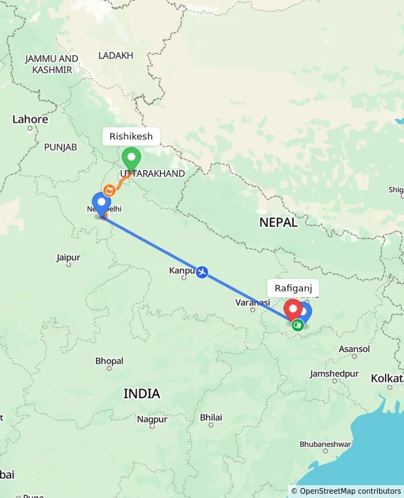 Route map showing distance and travel time from Rishikesh, India to Rafiganj, India