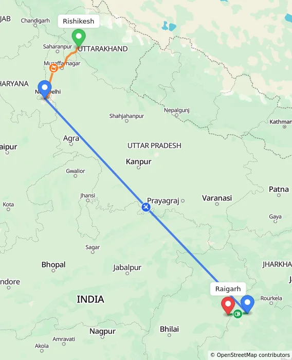 Route map showing distance and travel time from Rishikesh, India to Raigarh, India