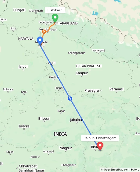 Route map showing distance and travel time from Rishikesh, India to Raipur, Chhattisgarh, India