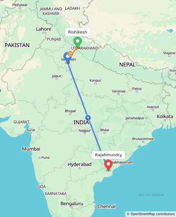 Route map showing distance and travel time from Rishikesh, India to Rajahmundry, India