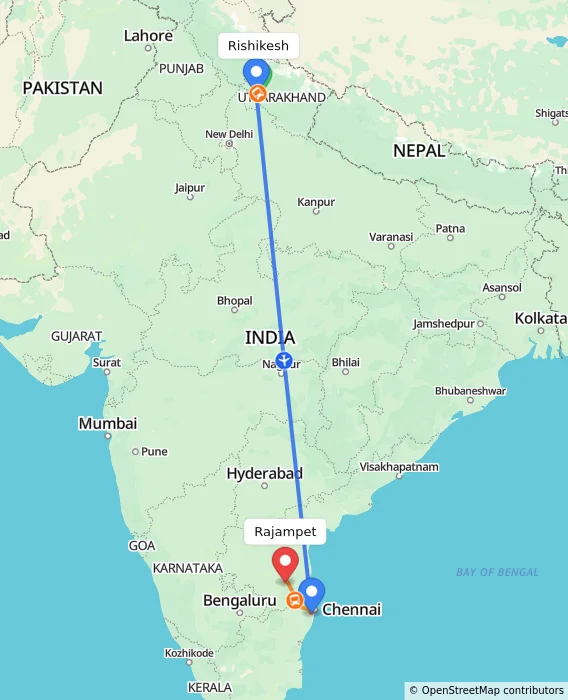 Route map showing distance and travel time from Rishikesh, India to Rajampet, India