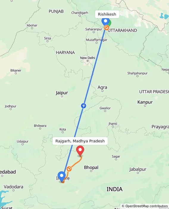 Route map showing distance and travel time from Rishikesh, India to Rajgarh, Madhya Pradesh, India