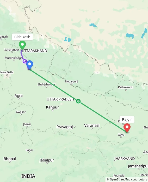 Route map showing distance and travel time from Rishikesh, India to Rajgir, India