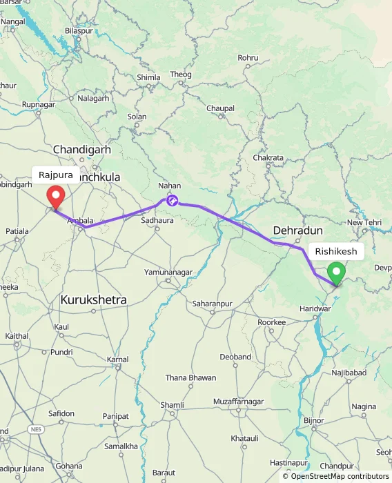 Route map showing distance and travel time from Rishikesh, India to Rajpura, India