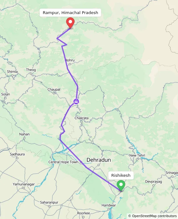 Route map showing distance and travel time from Rishikesh, India to Rampur, Himachal Pradesh, India