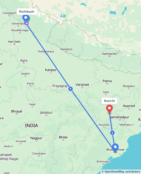 Route map showing distance and travel time from Rishikesh, India to Ranchi, India