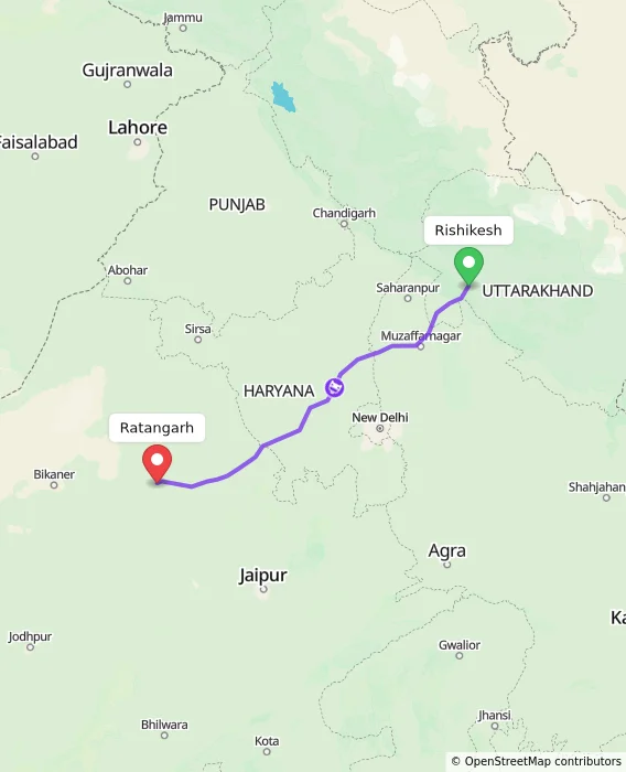 Route map showing distance and travel time from Rishikesh, India to Ratangarh, India