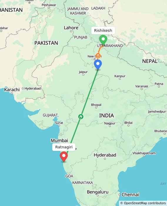 Route map showing distance and travel time from Rishikesh, India to Ratnagiri, India