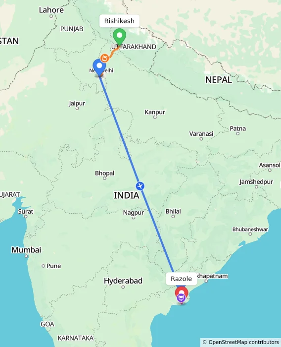 Route map showing distance and travel time from Rishikesh, India to Razole, India
