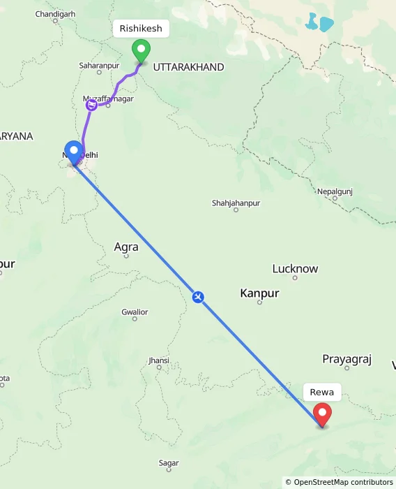 Route map showing distance and travel time from Rishikesh, India to Rewa, India