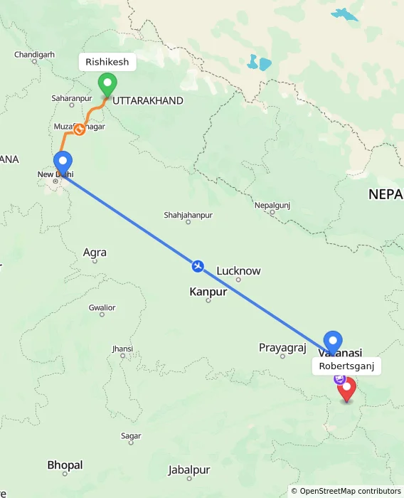 Route map showing distance and travel time from Rishikesh, India to Robertsganj, India