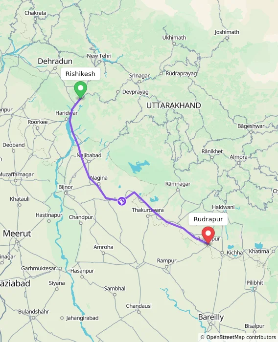 Route map showing distance and travel time from Rishikesh, India to Rudrapur, India