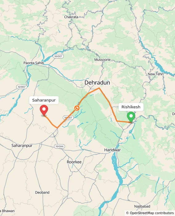 Route map showing distance and travel time from Rishikesh, India to Saharanpur, India