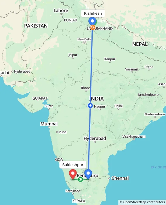 Route map showing distance and travel time from Rishikesh, India to Sakleshpur, India
