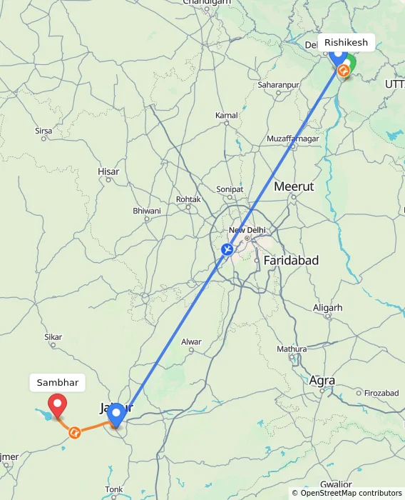 Route map showing distance and travel time from Rishikesh, India to Sambhar, India