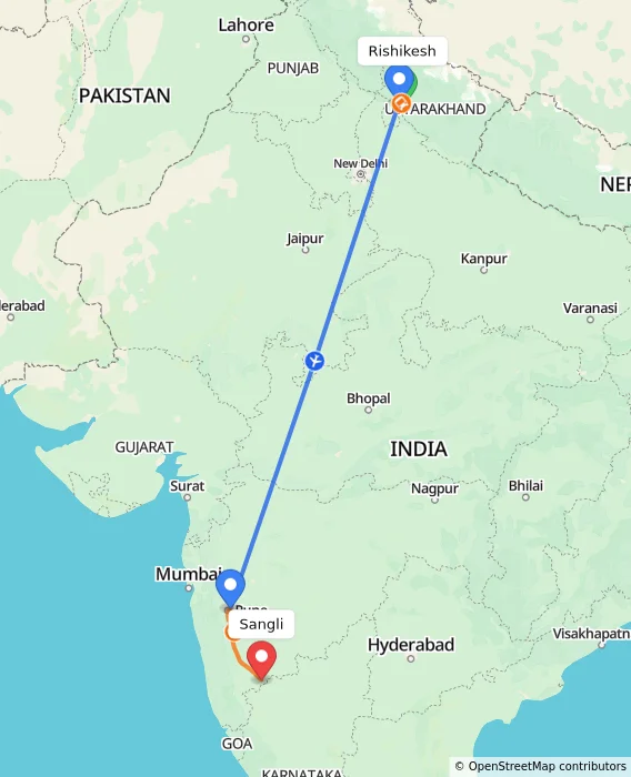 Route map showing distance and travel time from Rishikesh, India to Sangli, India