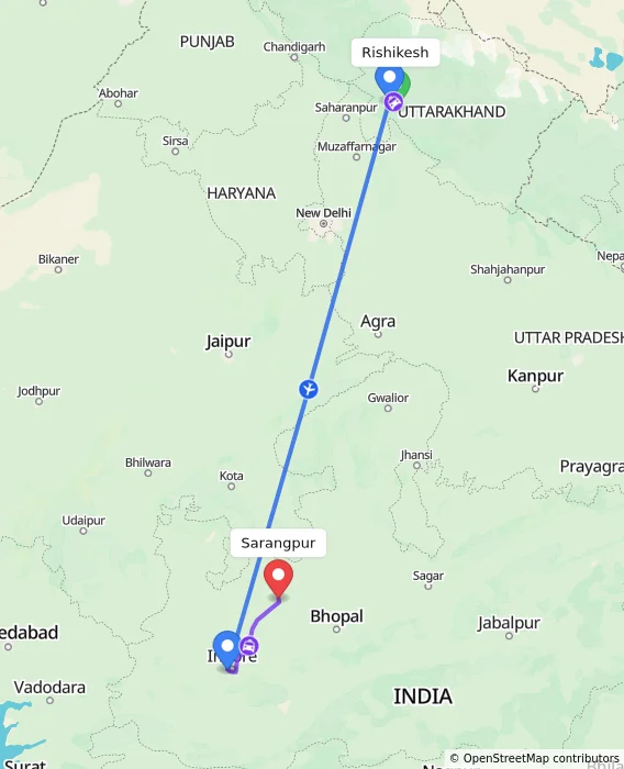 Route map showing distance and travel time from Rishikesh, India to Sarangpur, India