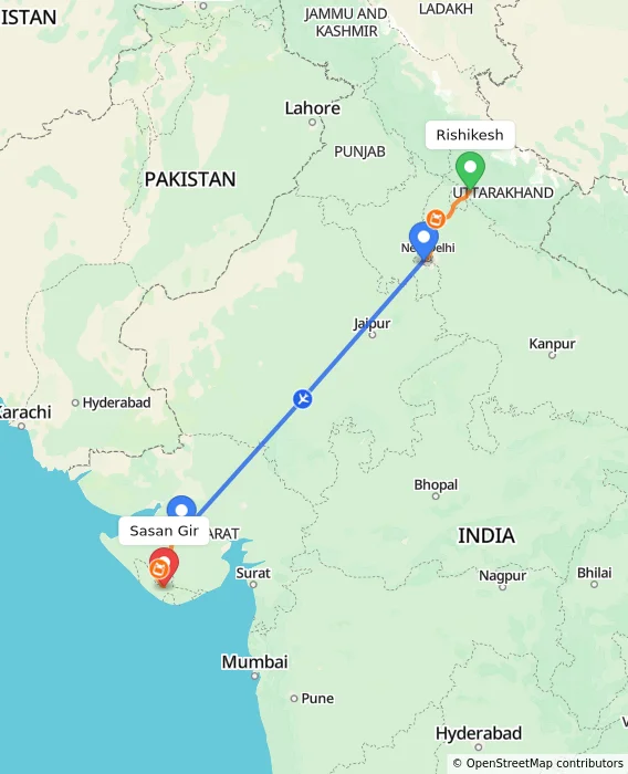 Route map showing distance and travel time from Rishikesh, India to Sasan Gir, India