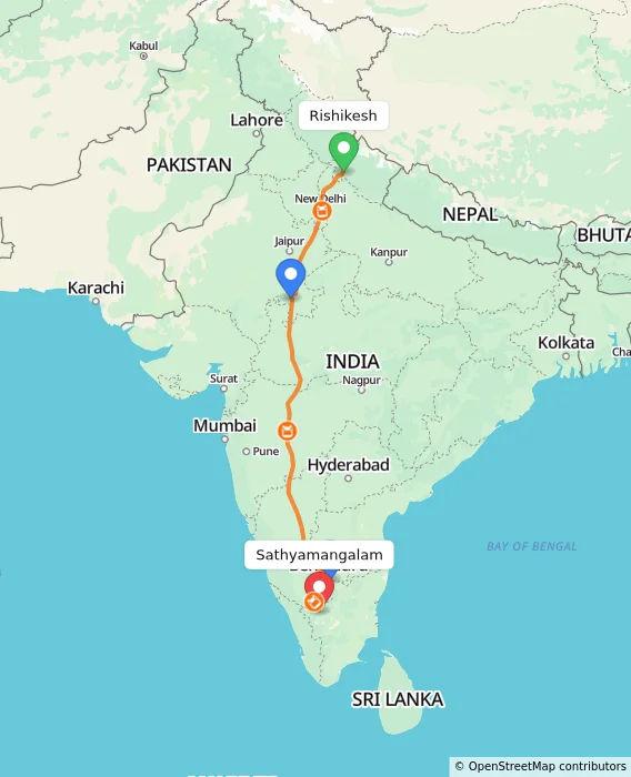 Route map showing distance and travel time from Rishikesh, India to Sathyamangalam, India
