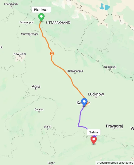 Route map showing distance and travel time from Rishikesh, India to Satna, India