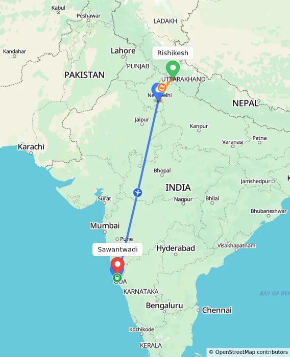 Route map showing distance and travel time from Rishikesh, India to Sawantwadi, India