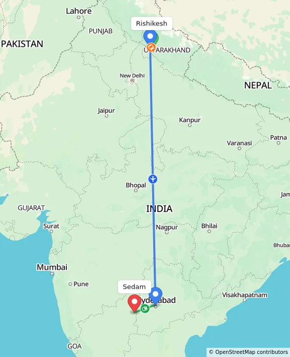 Route map showing distance and travel time from Rishikesh, India to Sedam, India