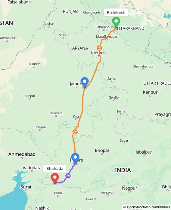 Route map showing distance and travel time from Rishikesh, India to Shahada, India