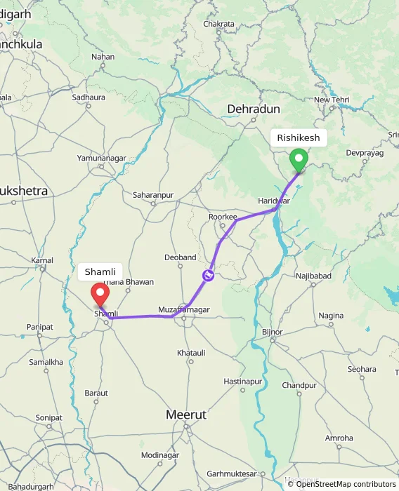 Route map showing distance and travel time from Rishikesh, India to Shamli, India
