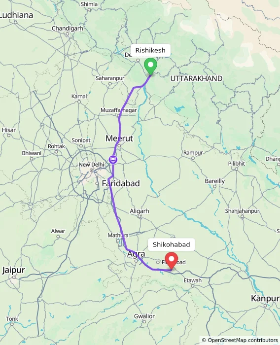 Route map showing distance and travel time from Rishikesh, India to Shikohabad, India
