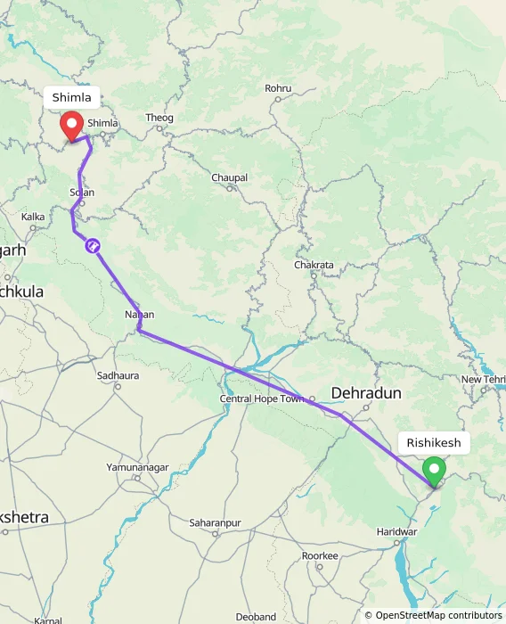 Route map showing distance and travel time from Rishikesh, India to Shimla, India