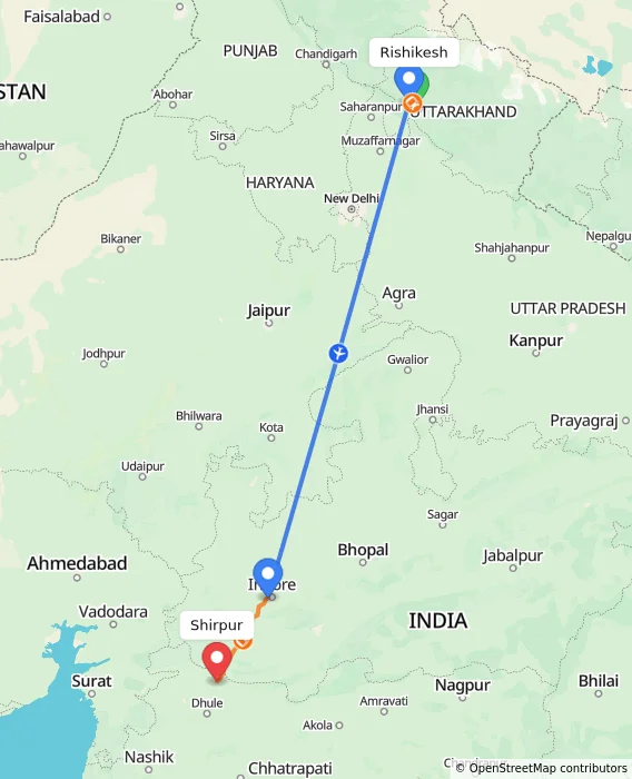 Route map showing distance and travel time from Rishikesh, India to Shirpur, India
