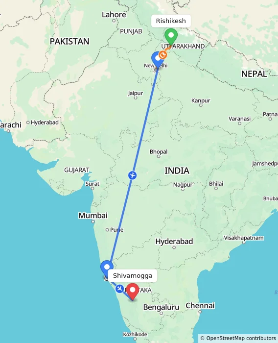 Route map showing distance and travel time from Rishikesh, India to Shivamogga, India