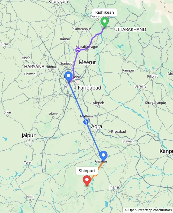 Route map showing distance and travel time from Rishikesh, India to Shivpuri, India