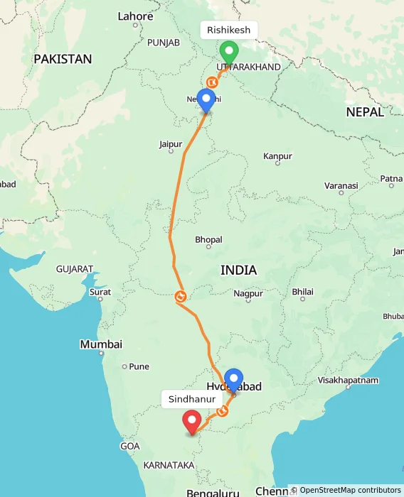 Route map showing distance and travel time from Rishikesh, India to Sindhanur, India