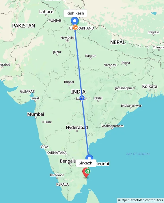 Route map showing distance and travel time from Rishikesh, India to Sirkazhi, India
