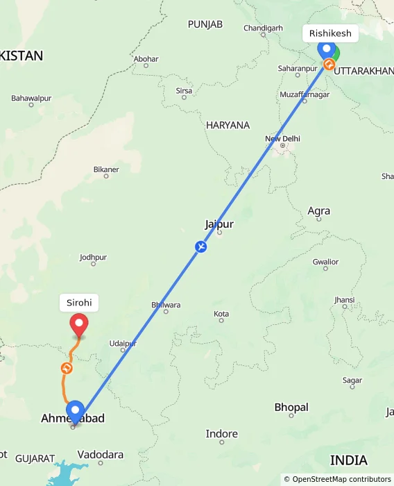 Route map showing distance and travel time from Rishikesh, India to Sirohi, India