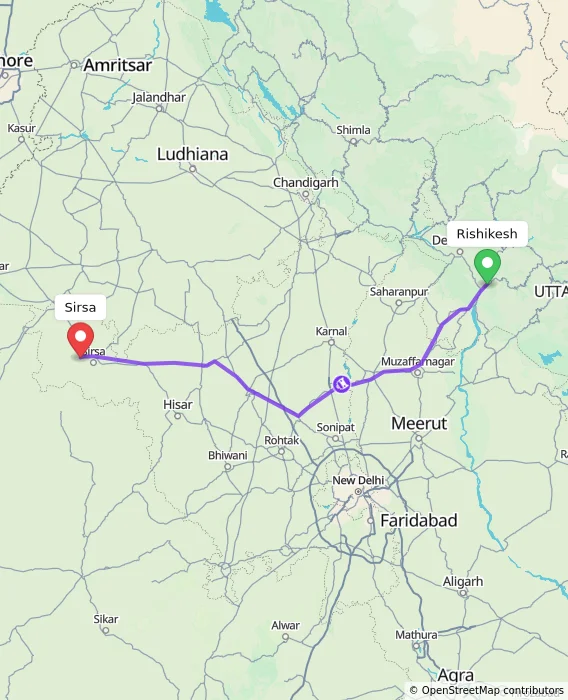 Route map showing distance and travel time from Rishikesh, India to Sirsa, India