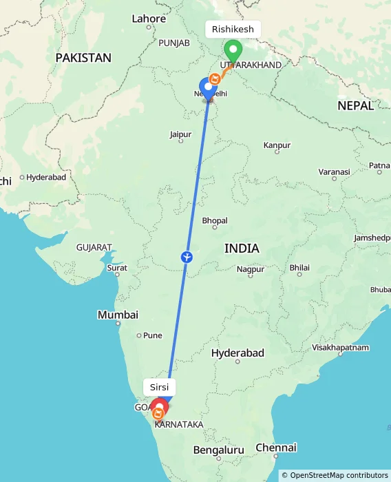 Route map showing distance and travel time from Rishikesh, India to Sirsi, India