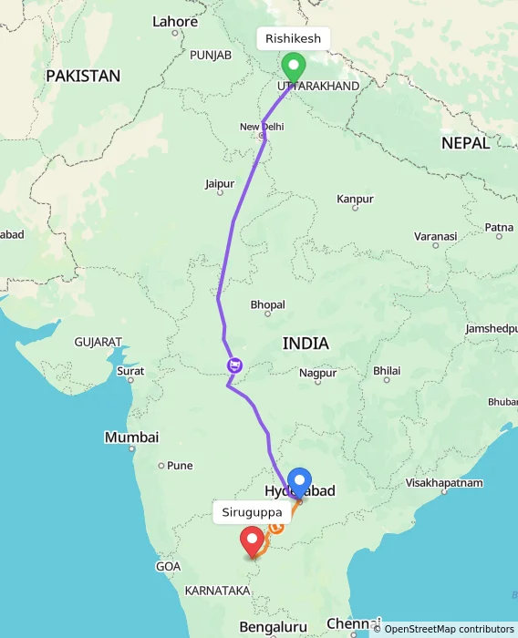 Route map showing distance and travel time from Rishikesh, India to Siruguppa, India
