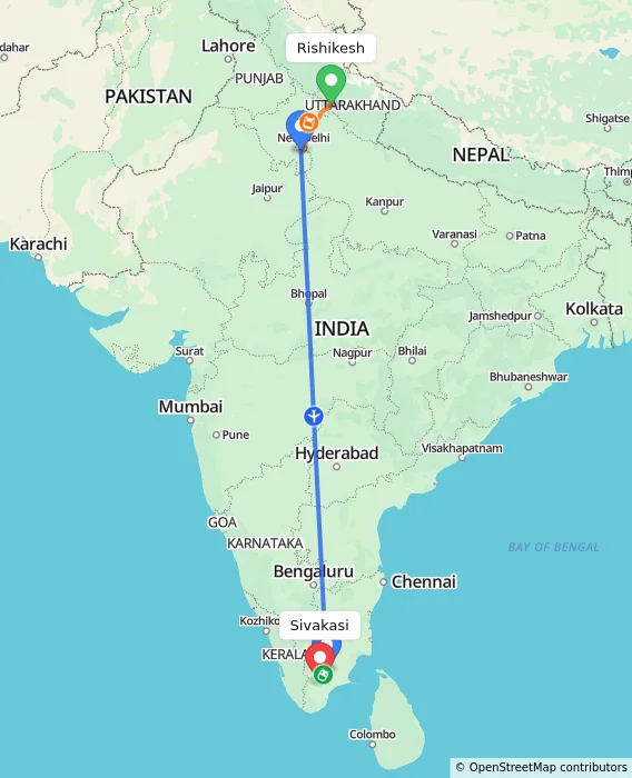 Route map showing distance and travel time from Rishikesh, India to Sivakasi, India