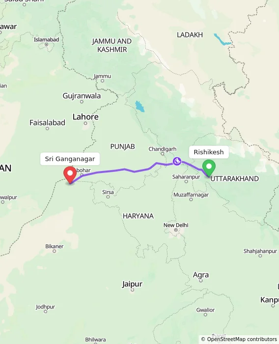 Route map showing distance and travel time from Rishikesh, India to Sri Ganganagar, India