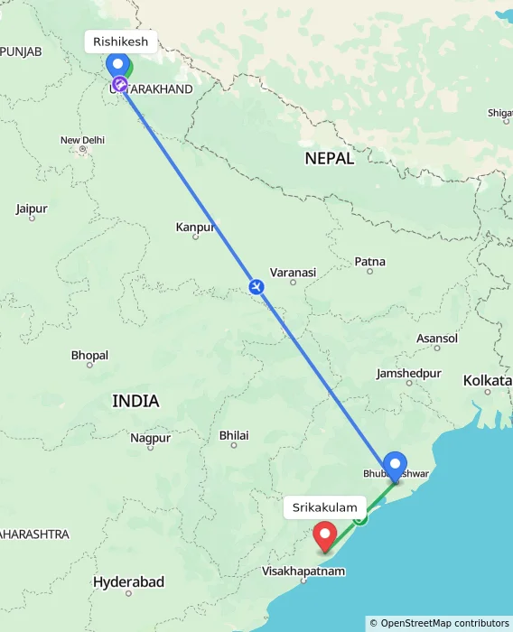 Route map showing distance and travel time from Rishikesh, India to Srikakulam, India