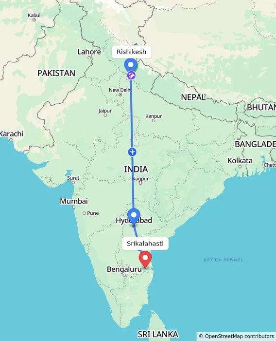 Route map showing distance and travel time from Rishikesh, India to Srikalahasti, India