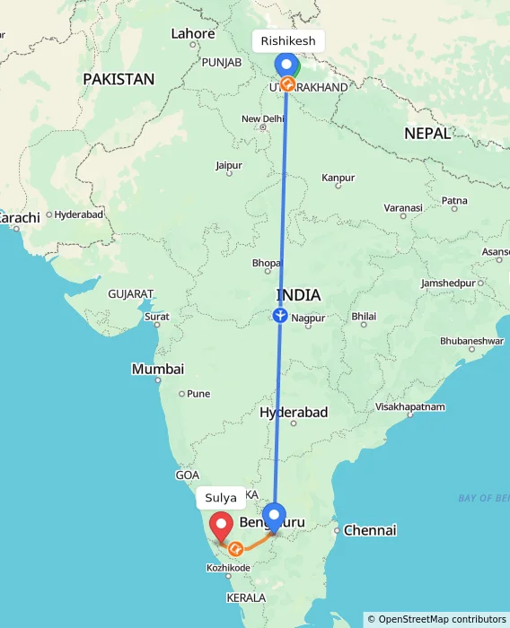 Route map showing distance and travel time from Rishikesh, India to Sulya, India