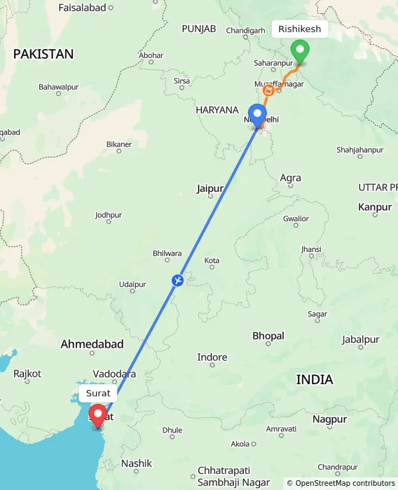 Route map showing distance and travel time from Rishikesh, India to Surat, India