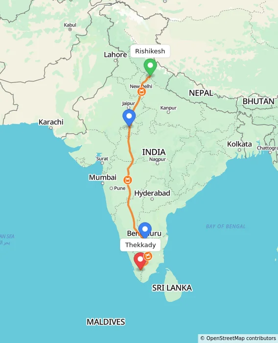 Route map showing distance and travel time from Rishikesh, India to Thekkady, India