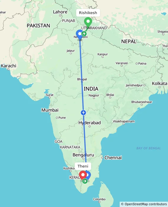 Route map showing distance and travel time from Rishikesh, India to Theni, India