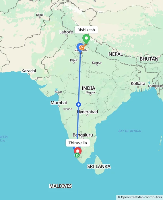 Route map showing distance and travel time from Rishikesh, India to Thiruvalla, India