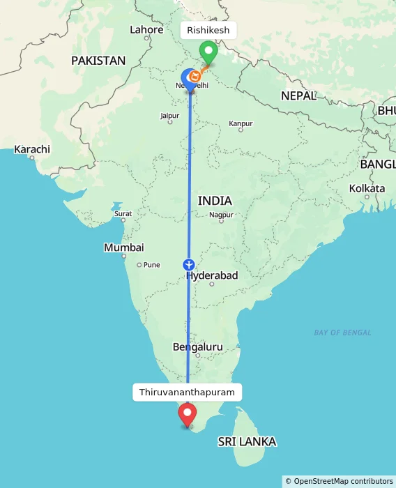 Route map showing distance and travel time from Rishikesh, India to Thiruvananthapuram, India