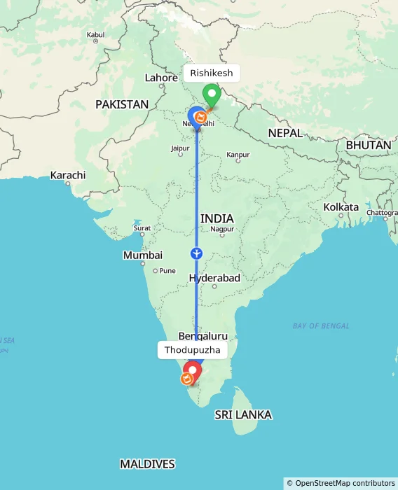 Route map showing distance and travel time from Rishikesh, India to Thodupuzha, India